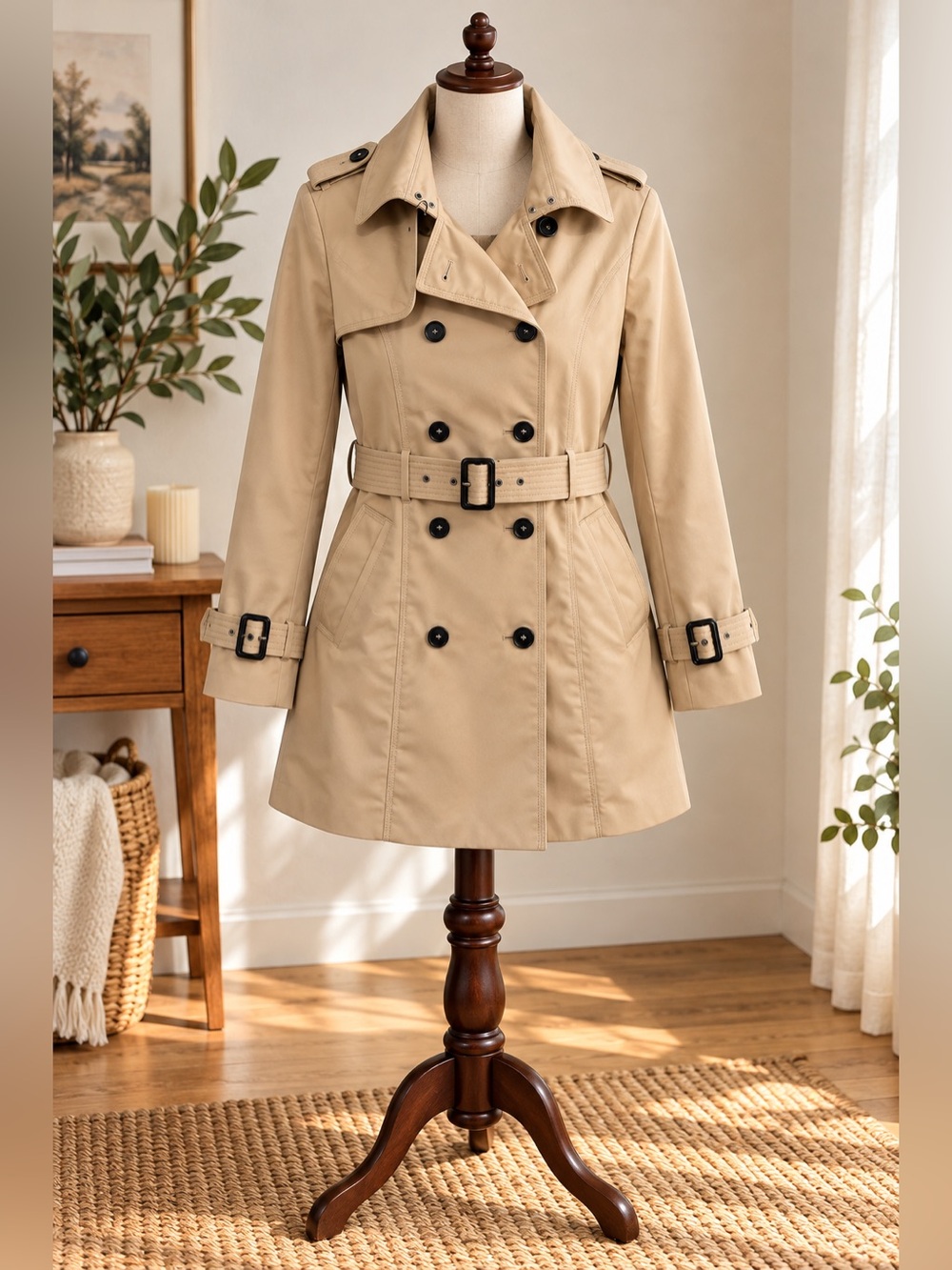 Carolina Belle Beige Double Breasted Belted Trench Coat Parisian Chic Size M